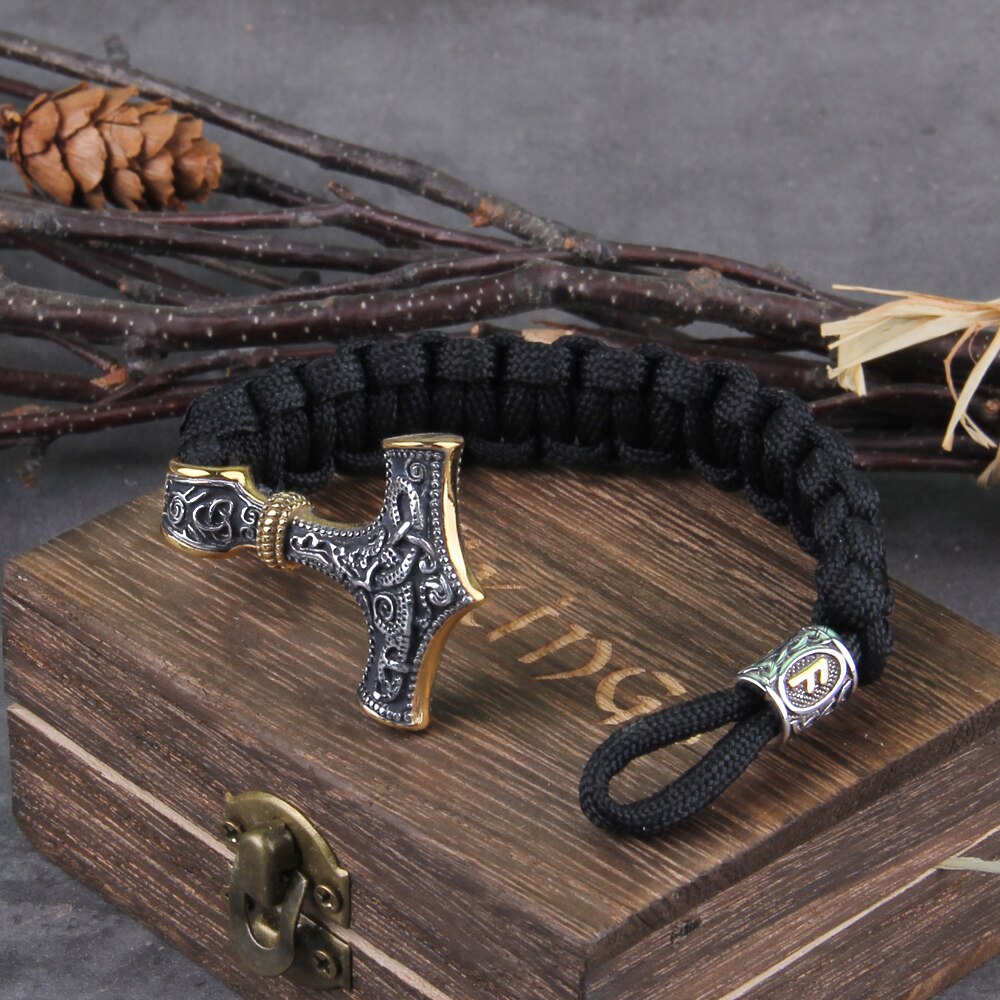 Ansuz Mjölnir Bracelet - Handcrafted Thor's Hammer Paracord Wristband 0 The Pagan Trader Silver & Gold 19cm 