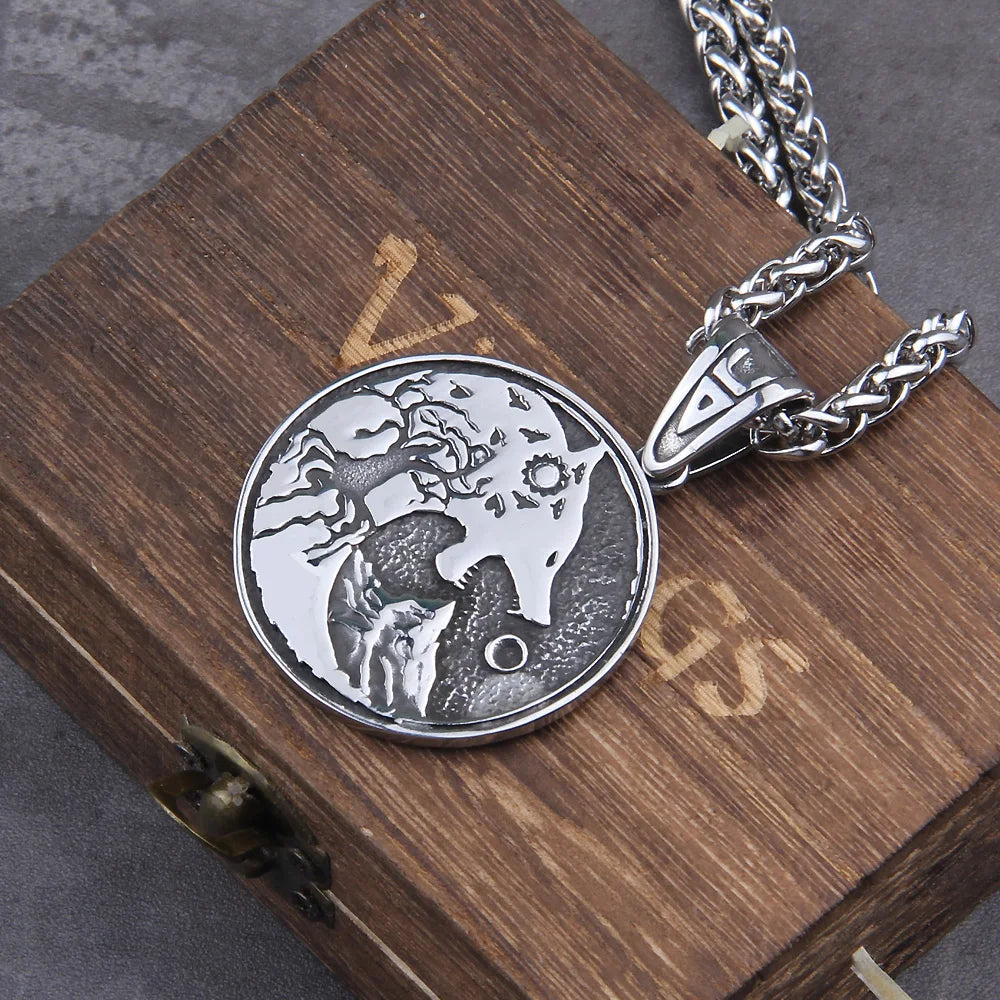 Wolf Hati pendant ready to devour the moon, surrounded by fluttering ravens.