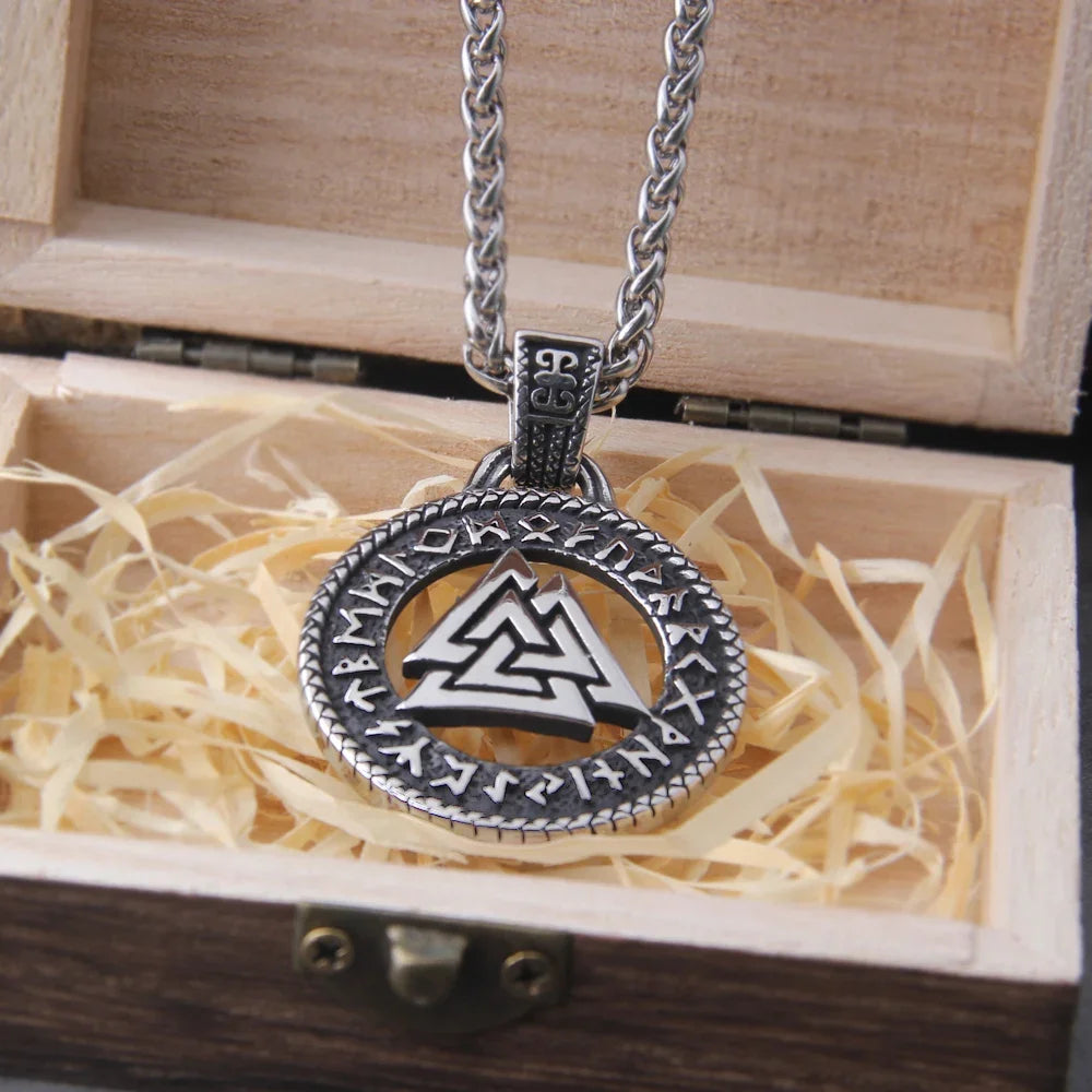 Elder Futhark runes surrounding the Valknut symbol on the pendant.