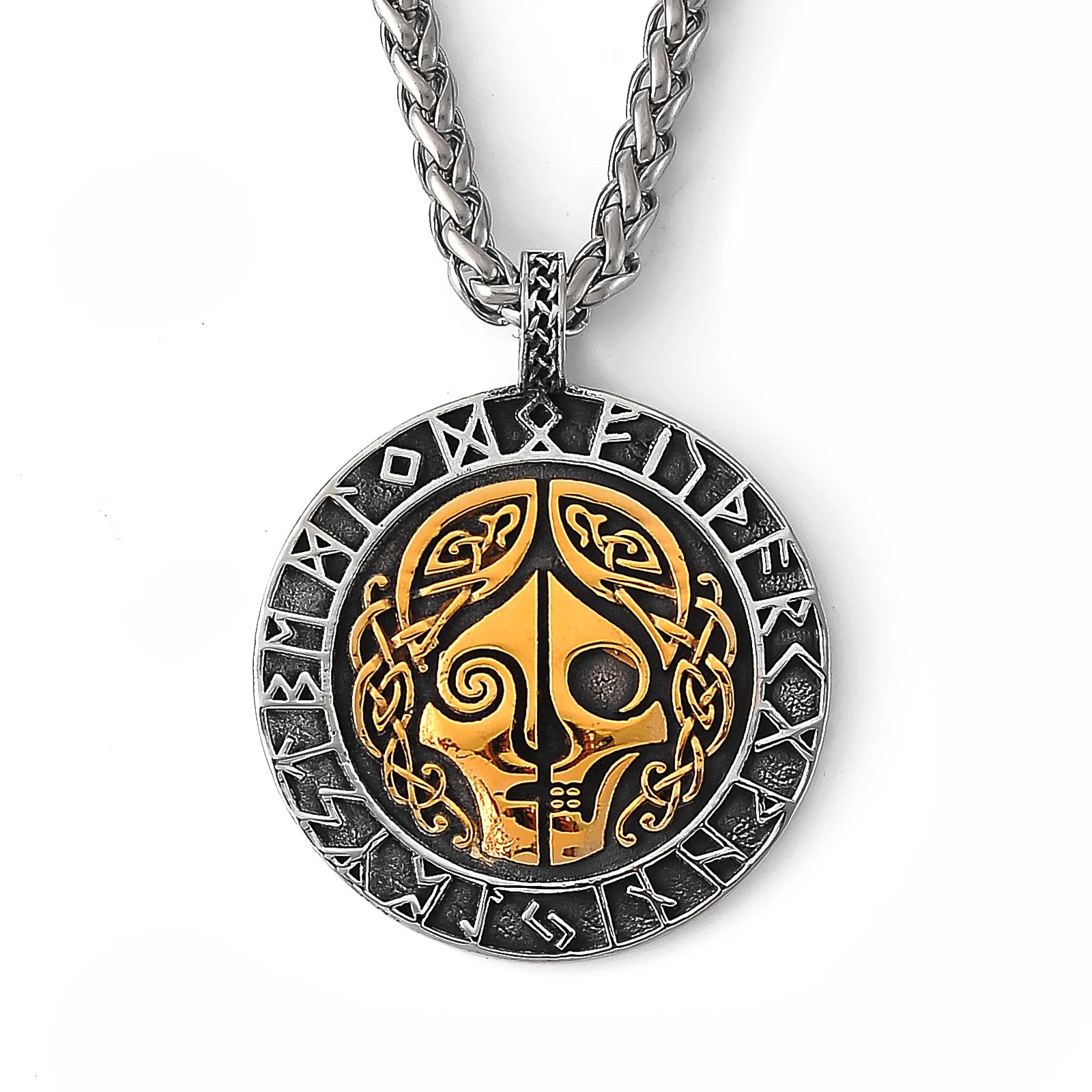 Viking-inspired pendant showing Hel, the underworld goddess, with a dual face design and the Vegvísir on the reverse side, framed by Elder Futhark runes.