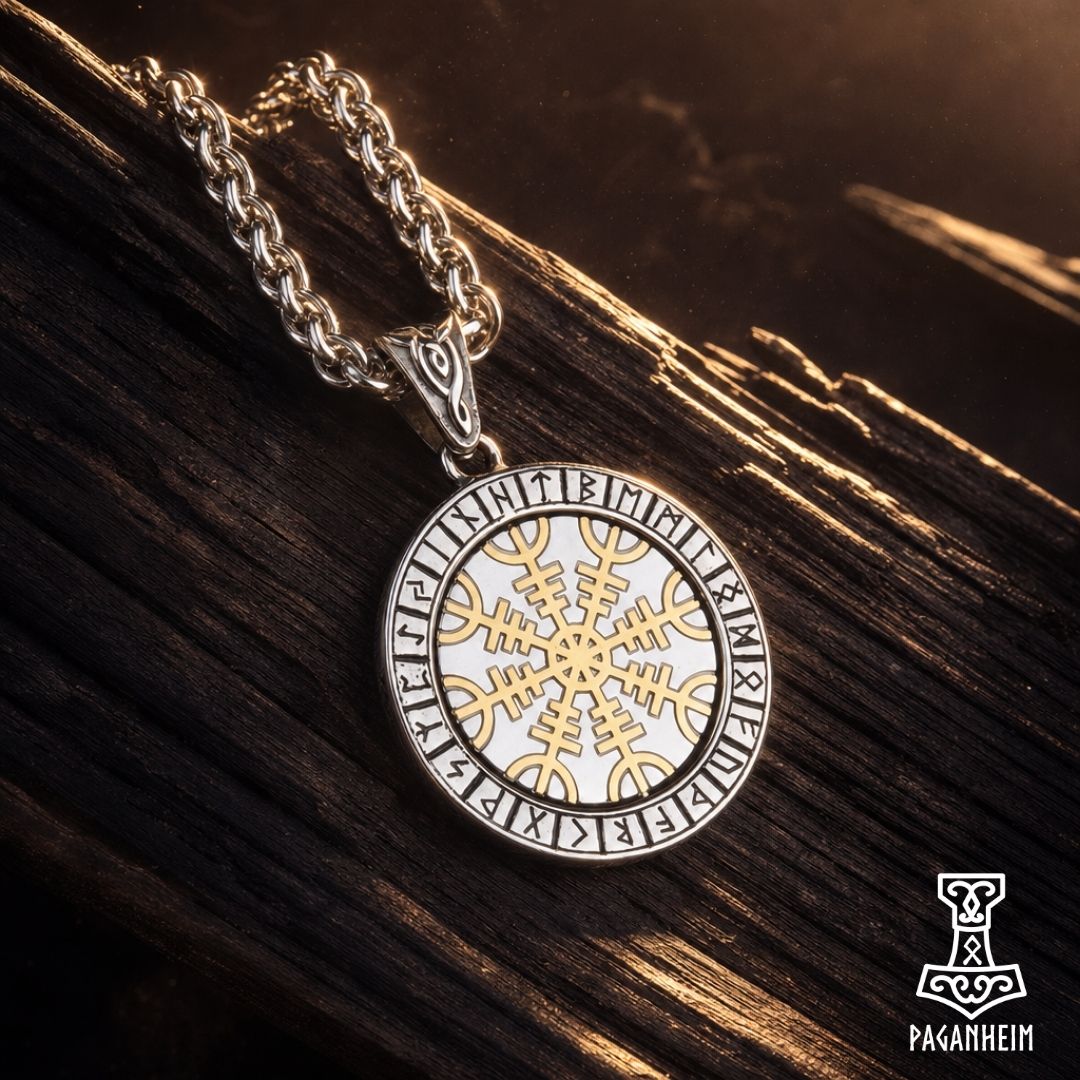 Closeup of Helm of Awe necklace showing rotating centre and engraved runes