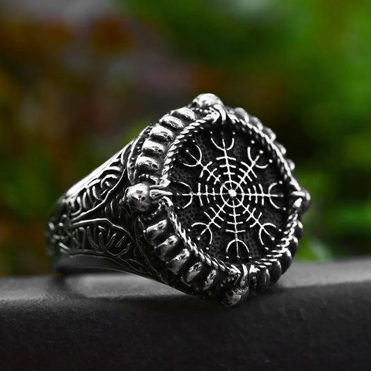 Norse Viking ring with Aegishjalmr symbol engraved on its crown.