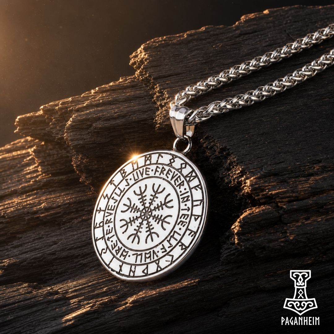 Closeup of stainless steel Mjölnir pendant resting on wooden box