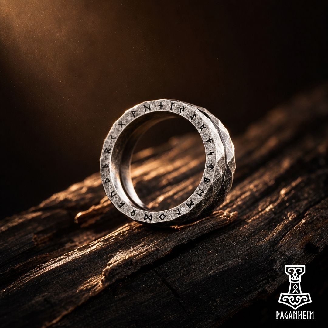 Faceted metal ring engraved with Elder Futhark runes around the band