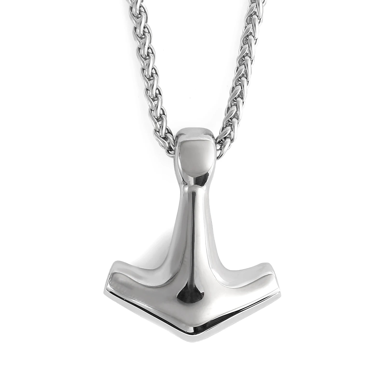 Minimalist Mjölnir pendant reflecting ancient Norse design in polished steel.