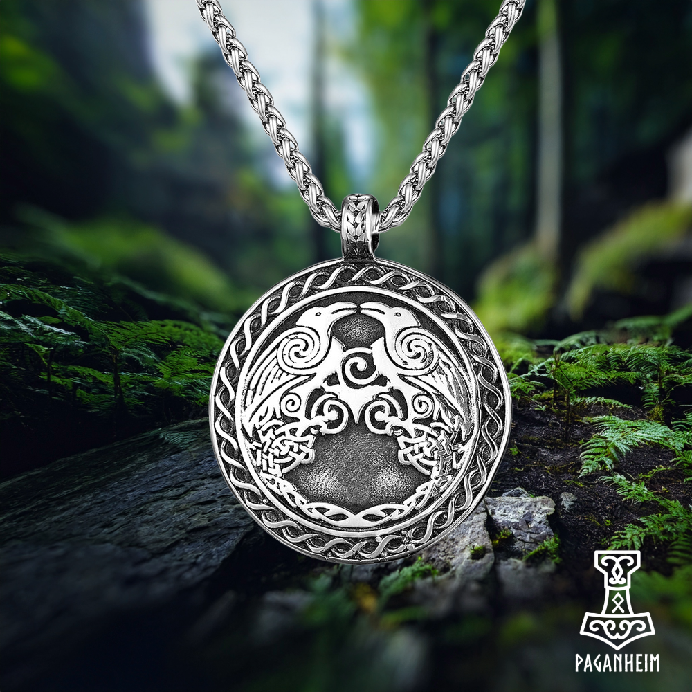 Amulet with Huginn and Muninn ravens around a triskele.