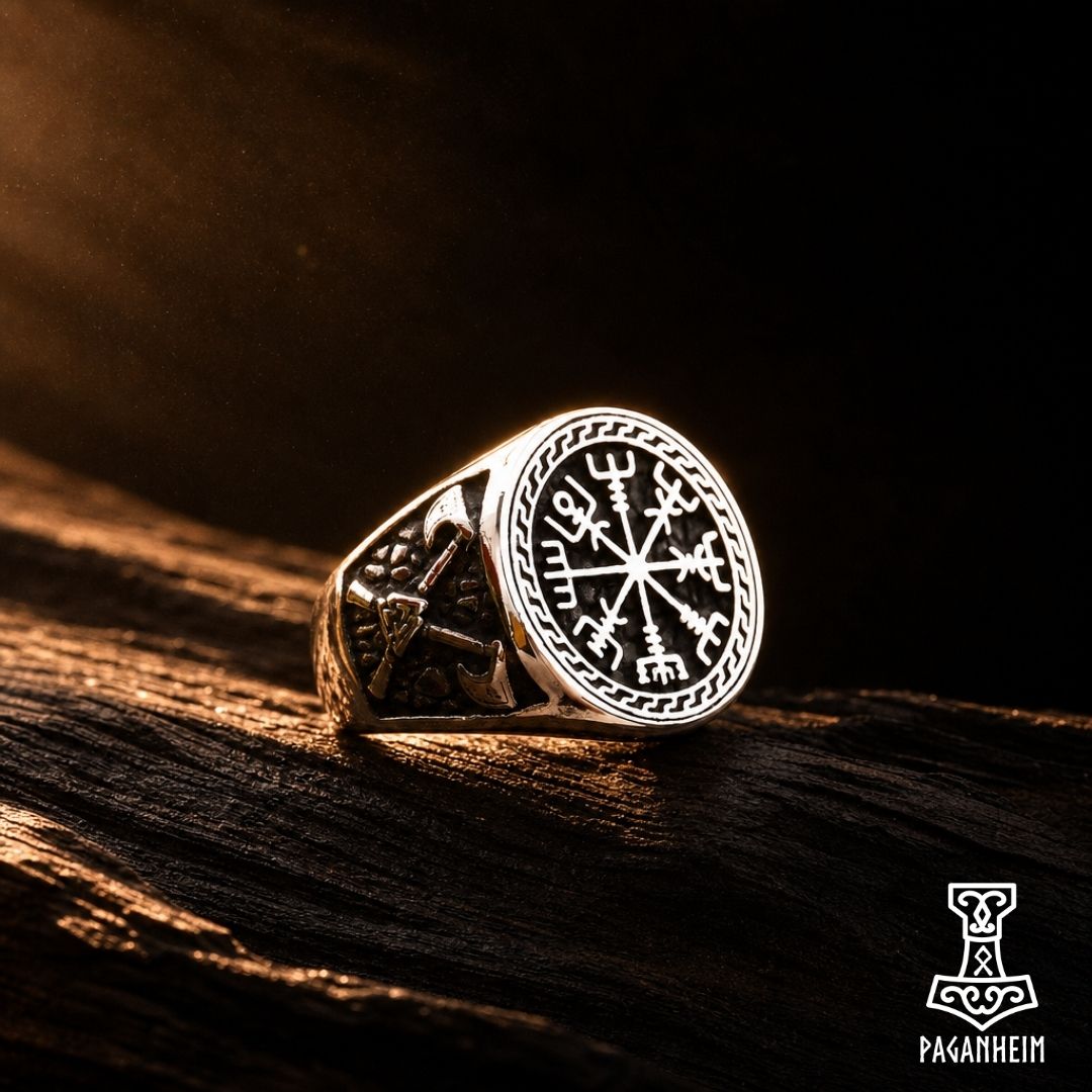 Norse ring featuring the Icelandic Vegvísir symbol and axes.