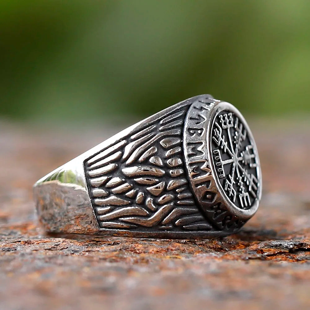 Side view of Vegvísir ring featuring Icelandic post-Viking symbol