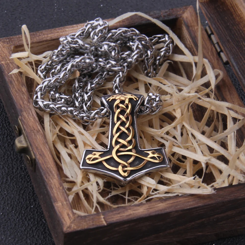 Jelling Art Engraved Dreki Mjölnir - Old Nordic Viking Dragon Amulet 0 The Pagan Trader Gold 50cm 