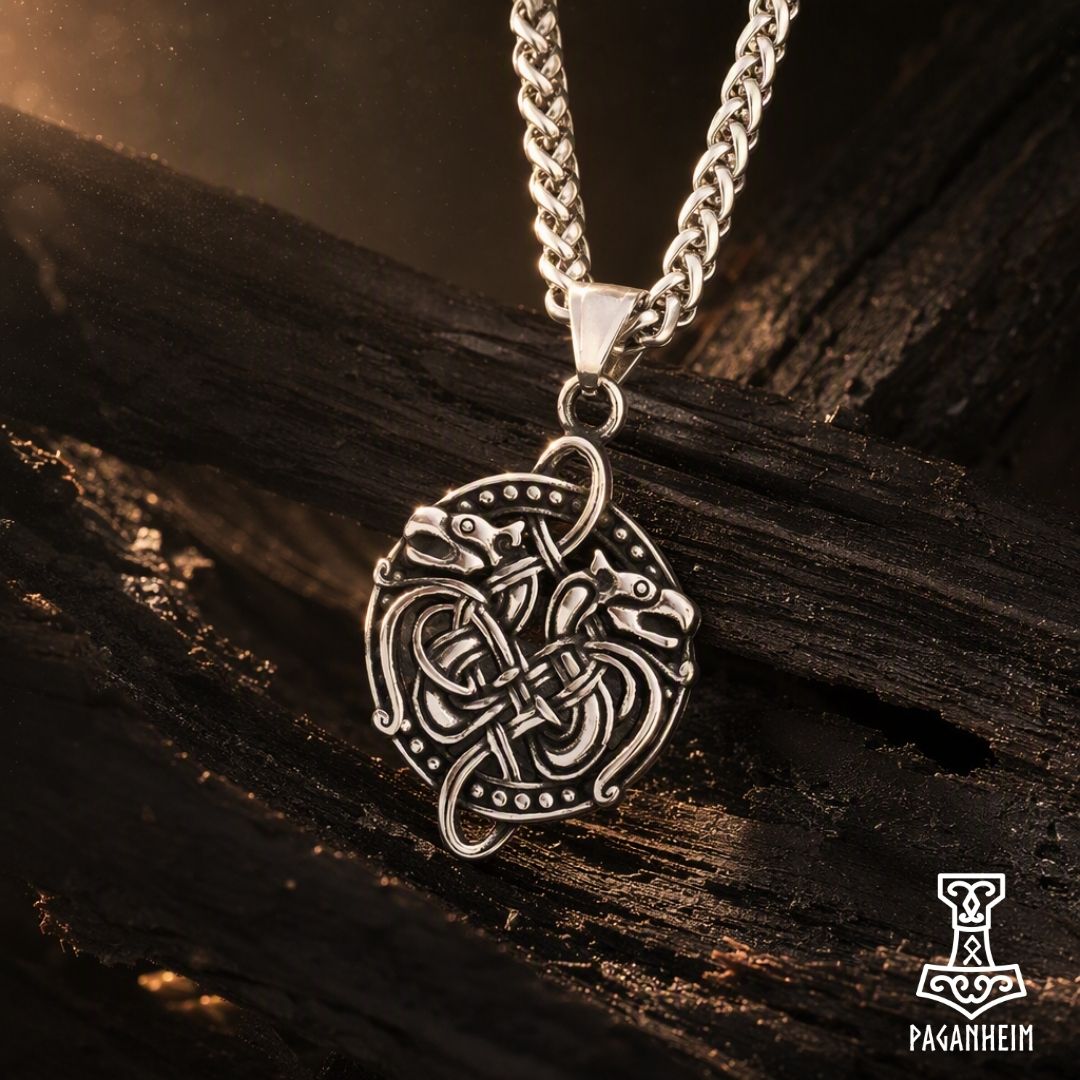Jelling‑style pendant with intertwined dragon heads resting on dark wood