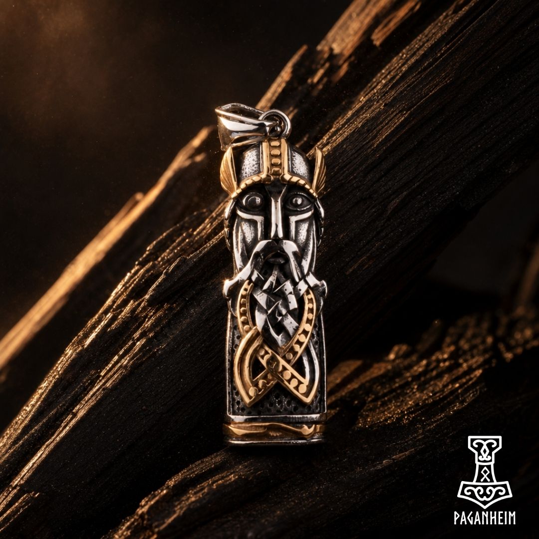 Closeup of Odin totem pendant showing detailed knotwork and facial features