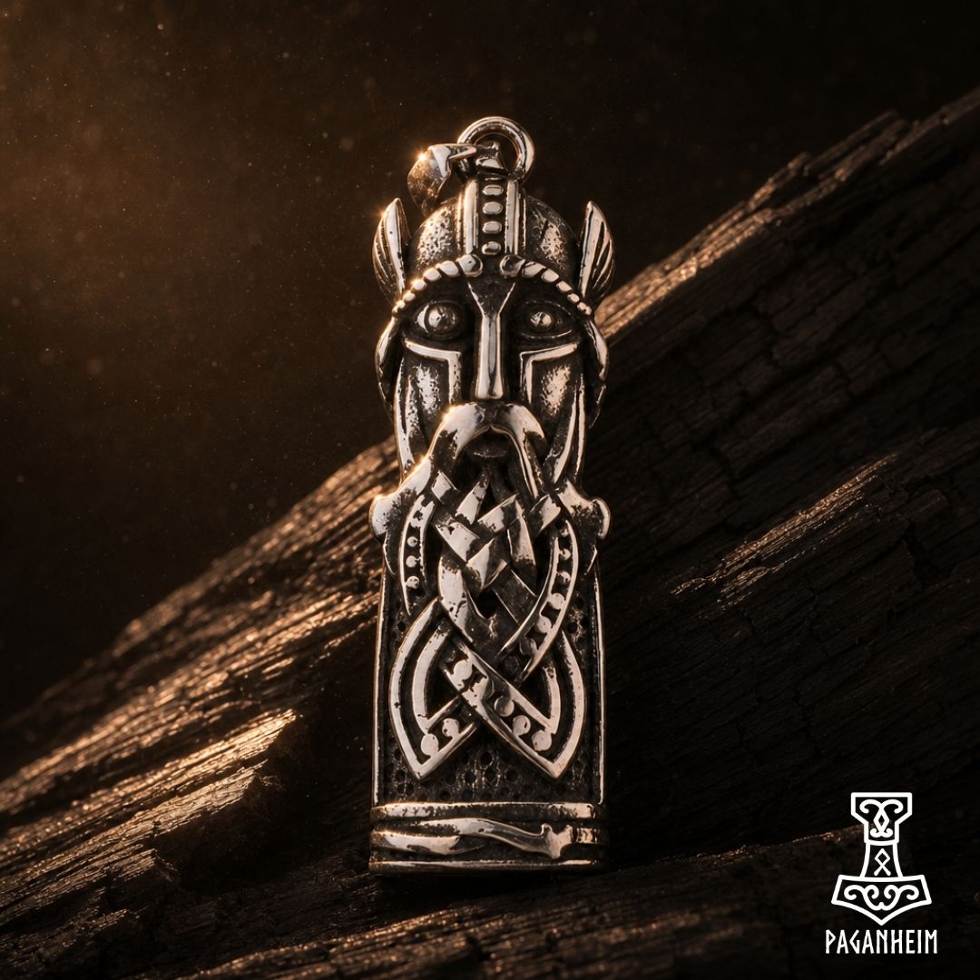 Jelling‑style pendant showing Odin’s helmeted face and intricate engravings
