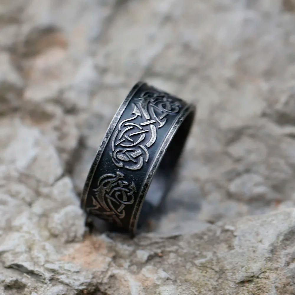 Viking ring styled with Jelling art and an aged appearance.