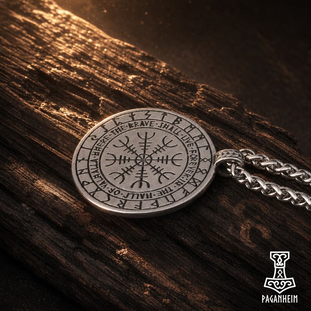 Closeup of Helm of Awe necklace showing detailed engraving