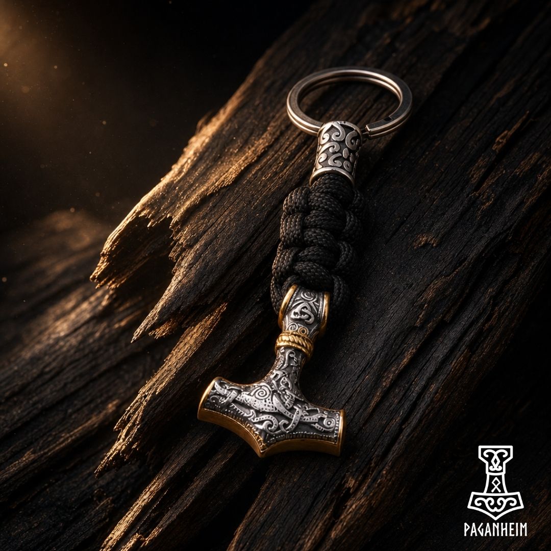 Two Mammen‑style Mjölnir keychains resting on dark wood