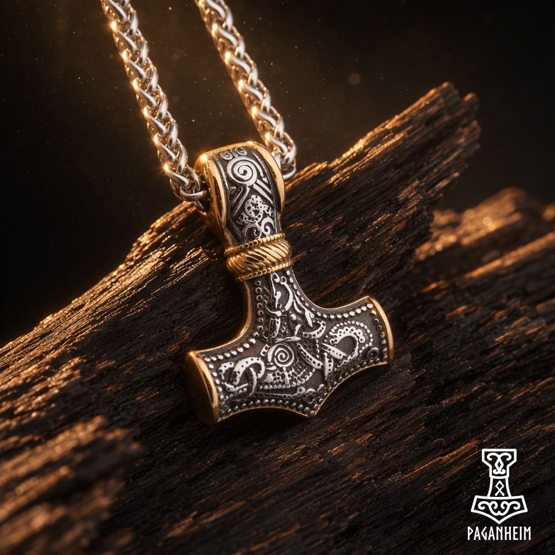 Mjölnir pendant with Mammen‑style engravings resting on dark wood
