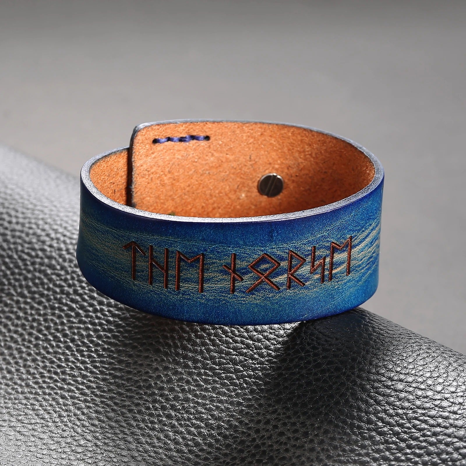 Genuine adjustable leather bracelet, painted in blue with engraved Viking runes