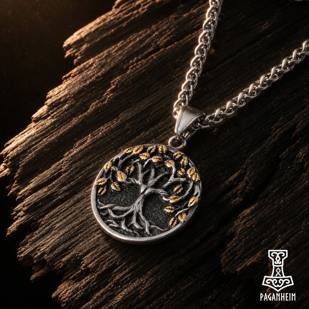 Silver pendant featuring detailed Yggdrasil tree design with intertwined roots