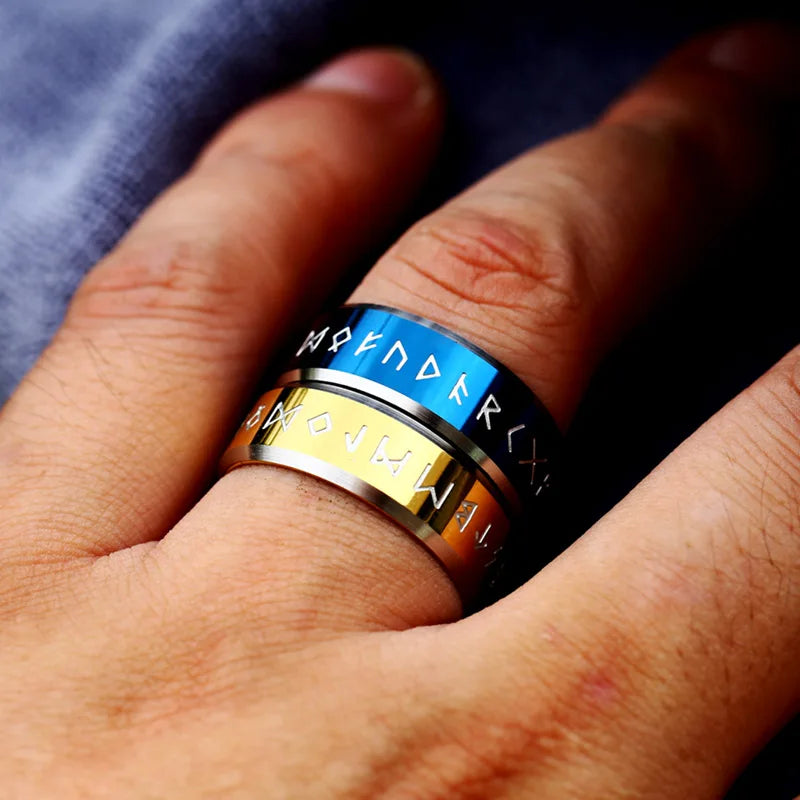 Minimalist norse pagan and viking ring with Elder Futhark runes etched on stainless steel