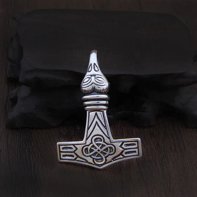 Mjölnir amulet in sterling silver with Celtic Knot and raven motif.