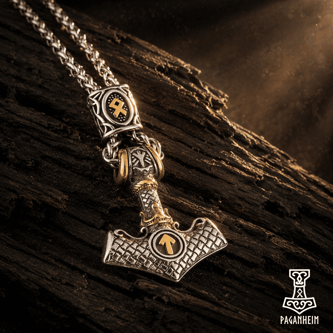 Mjölnir pendant with Valknut and runes displayed on dark wood
