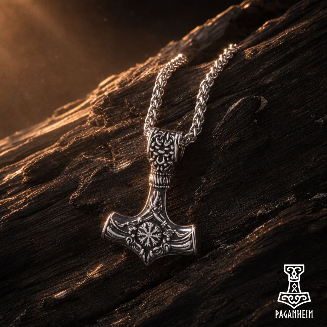 Front view of Mjölnir pendant with Helm of Awe in silver
