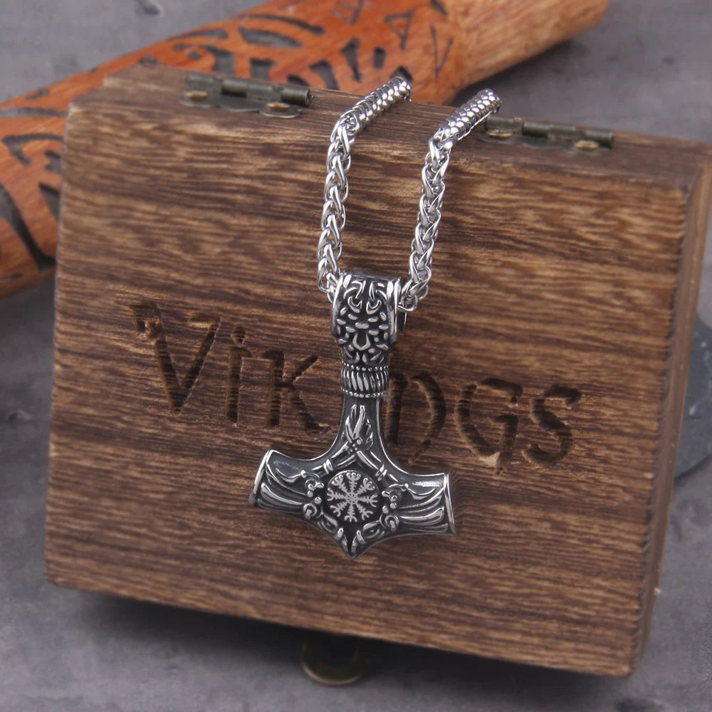 Front view of Mjölnir pendant with Helm of Awe in silver