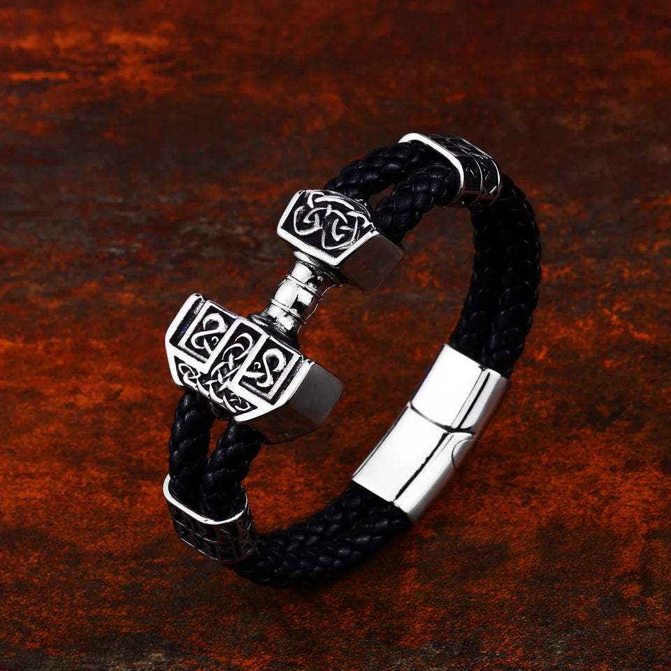 Mjölnir pendant bracelet crafted from black leather