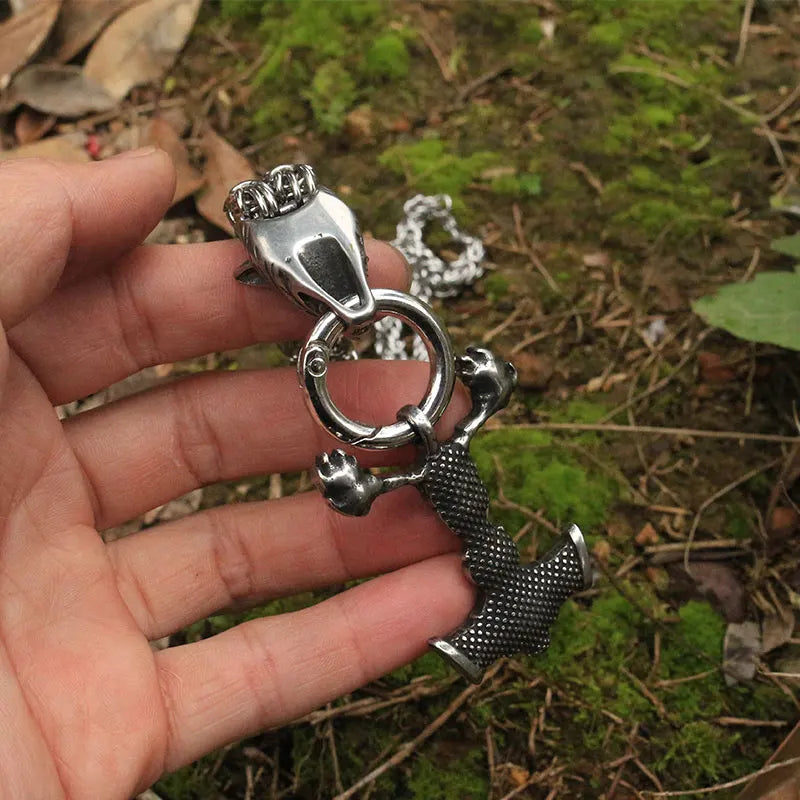 Full length view of Viking stag Mjolnir necklace with Byzantine chain