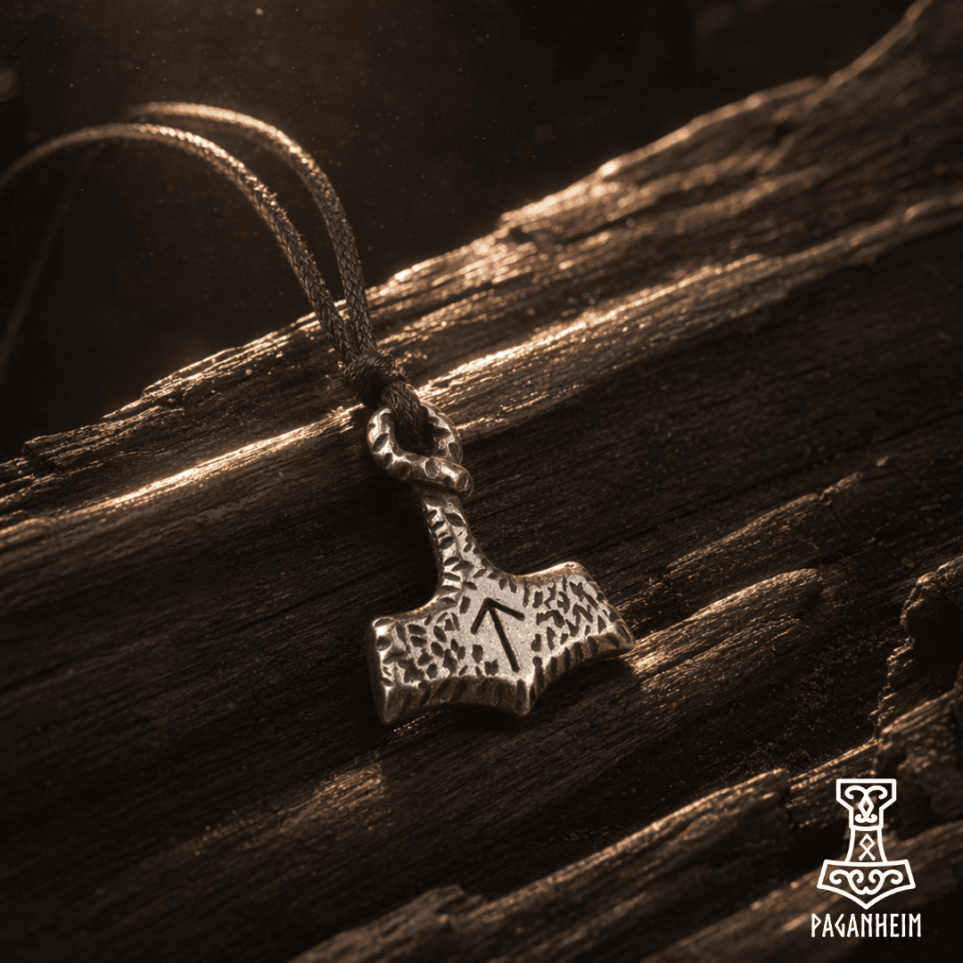 Textured Mjolnir Thor's Hammer amulet with a Tiwaz rune engraved at its heart, wooden surface background.