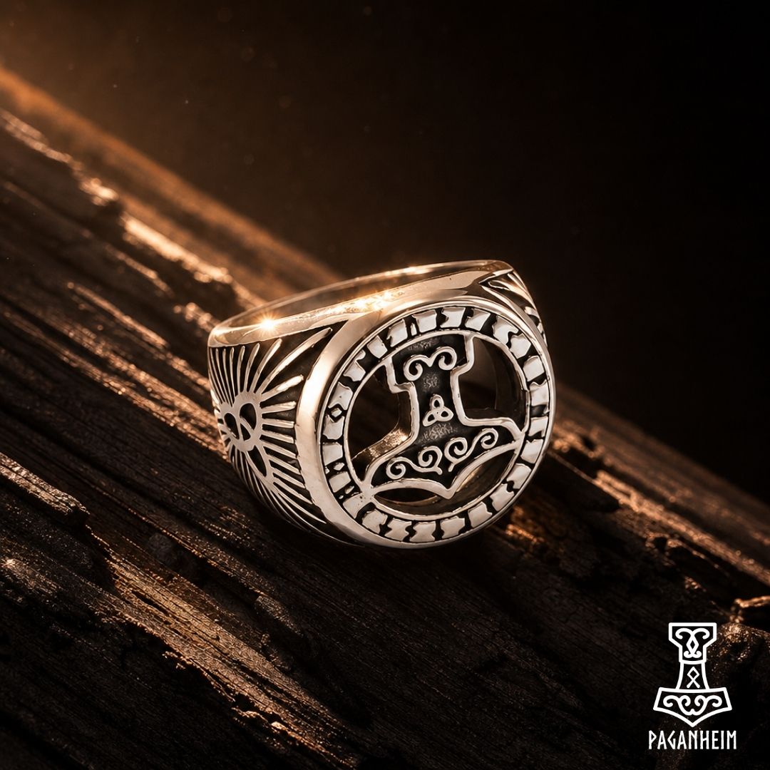 Closeup of Norse Mjölnir ring with triquetra symbol and engraved circular border