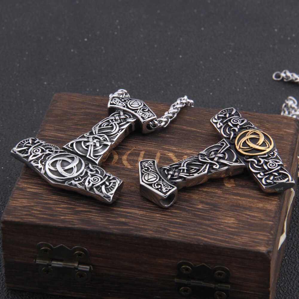 Triquetra Mjölnir - Gold & Silver Nordic Urnes Art Engraved Thor's Hammer 0 The Pagan Trader   