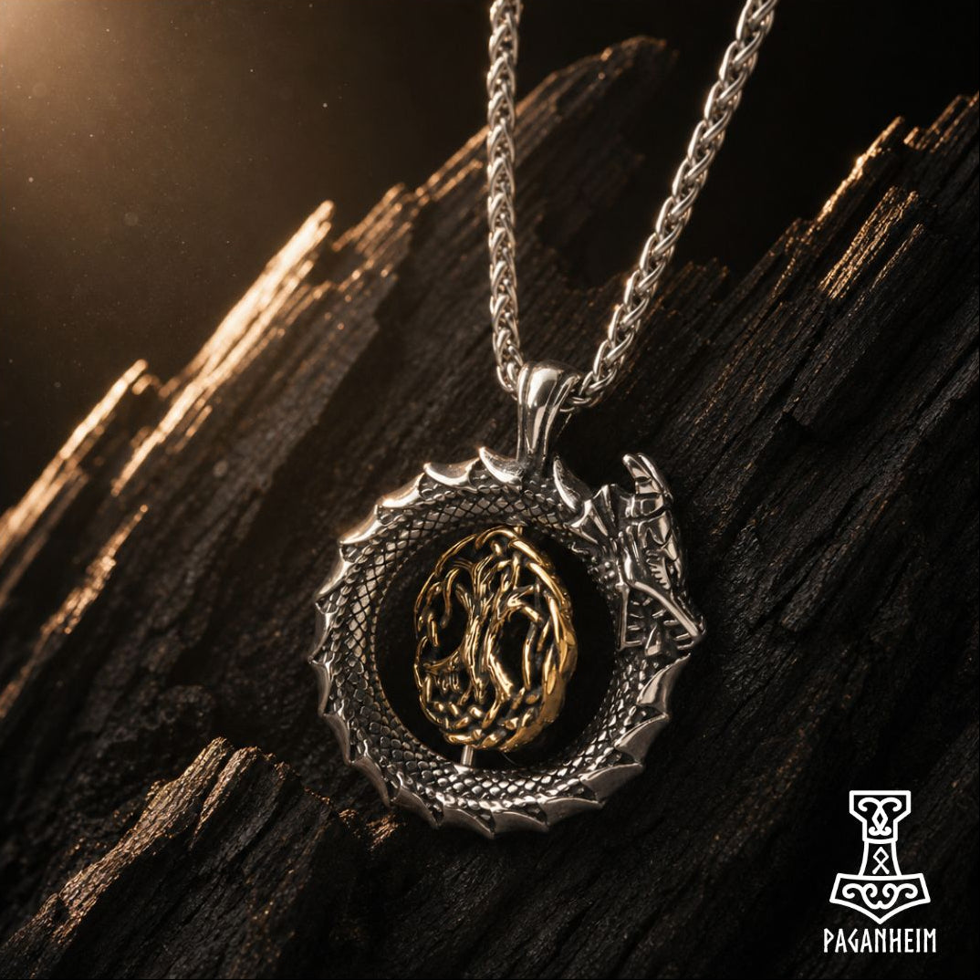 A silver-toned Norse dragon pendant necklace with a gold-toned central emblem, displayed on dark textured wood with dramatic warm lighting.