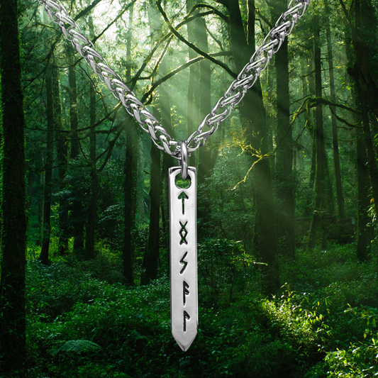 Old Viking Nordic magic embodied in a silver pillar pendant, etched with Elder Futhark runes for a touch of mystique.
