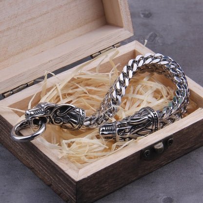 Unveil the secrets of Ragnarök through the symbolic design of our Norse-inspired Cuban Chain bracelet. The celestial wolf heads, coupled with the elegance of stainless steel, make this piece a unique and stylish accessory. Perfect for enthusiasts of Pagan jewelry and the rich history of Scandinavia.