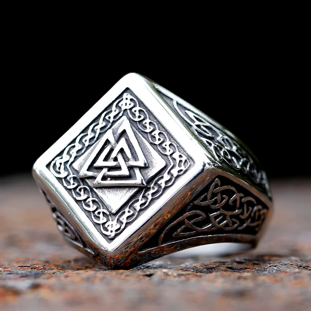 Valknut ring with tilted square crown and Norse engravings