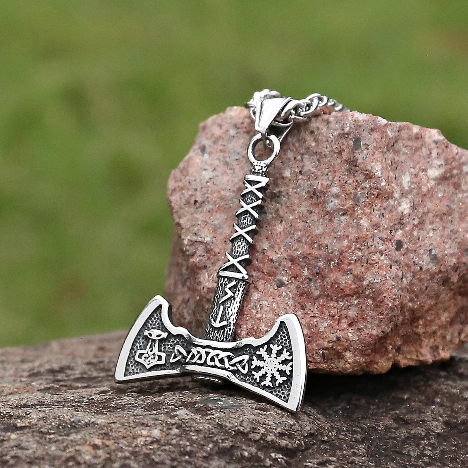 Norse axe pendant with Mjölnir, Helm of Awe, and Web of Wyrd engravings