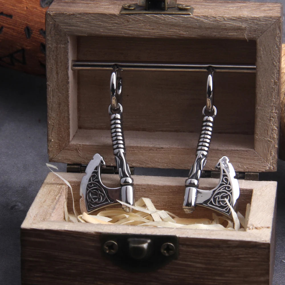 Full view of Norse and Celtic fusion battle axe earrings set