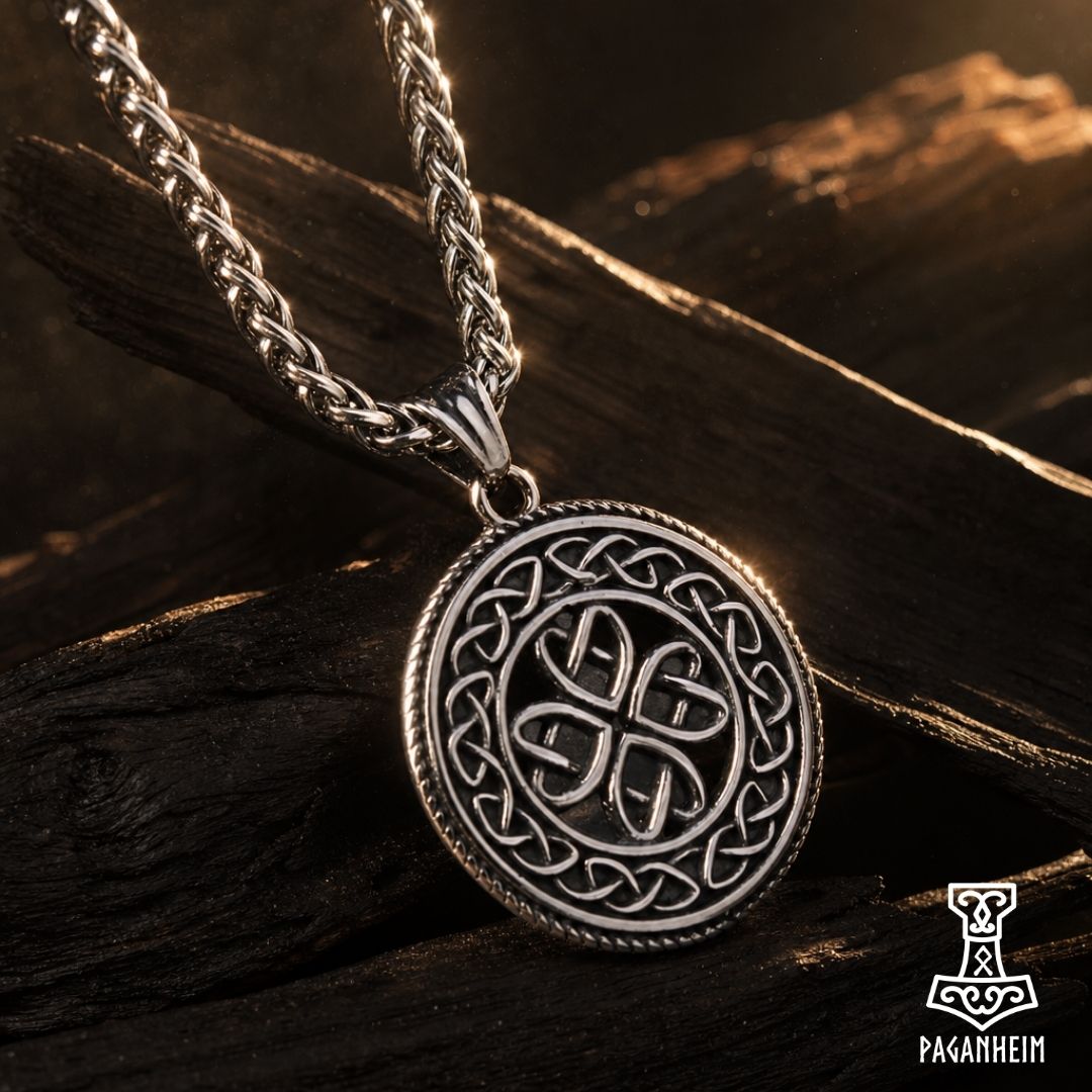 Celtic‑inspired necklace with raised knotwork and detailed border