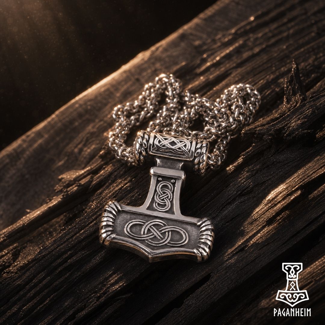 Celtic‑styled Thor’s hammer pendant resting on wooden surface under warm light