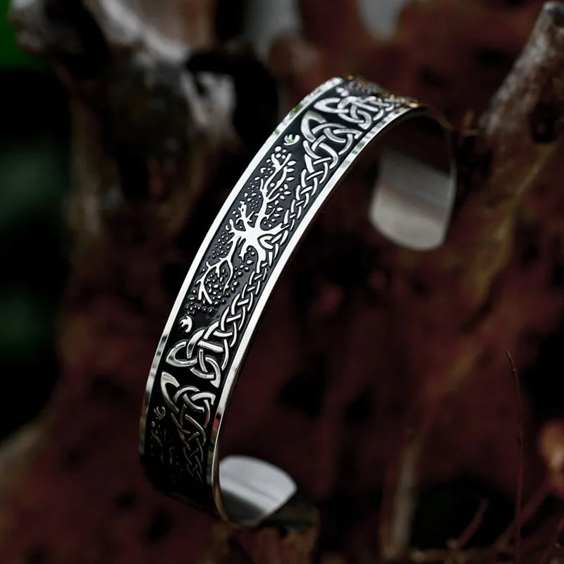 Stainless steel arm ring with Norse Yggdrasil and Celtic knots