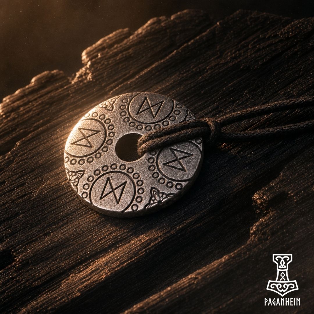 Closeup of Dagaz rune amulet showing engraved patterns and central hole design