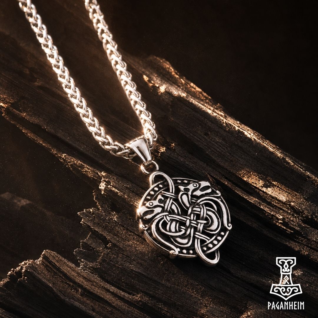 Closeup of Norse dragon necklace showing detailed knotwork design