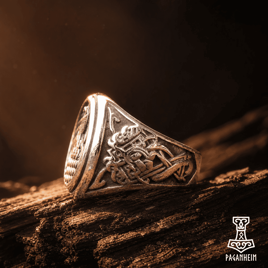 Norse Drakkar ring resting on wooden surface