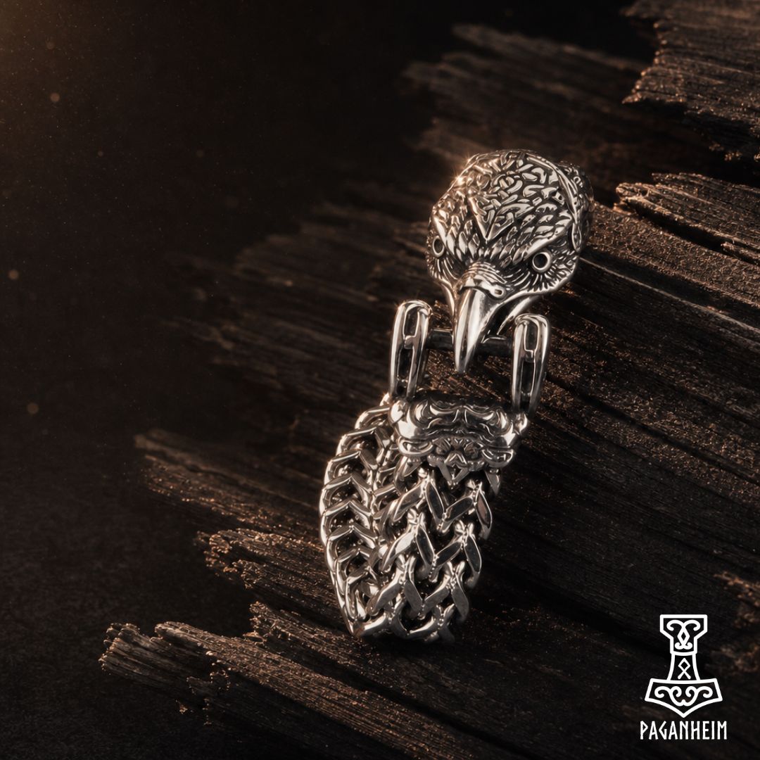 Closeup of Hræsvelgr bracelet showing detailed eagle head and chain links