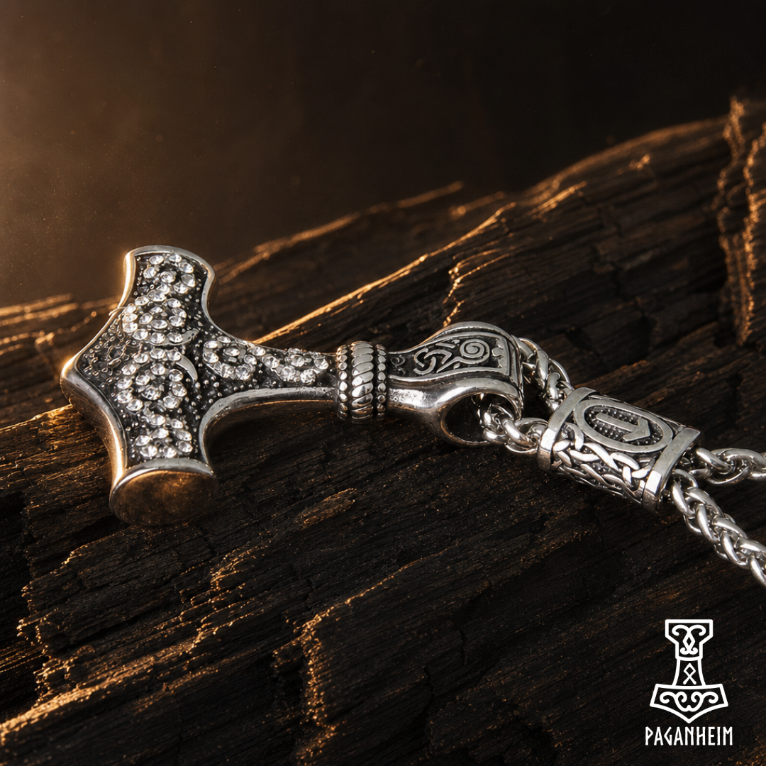 Mjölnir necklace featuring carved ornamentation and stainless‑steel rune bead