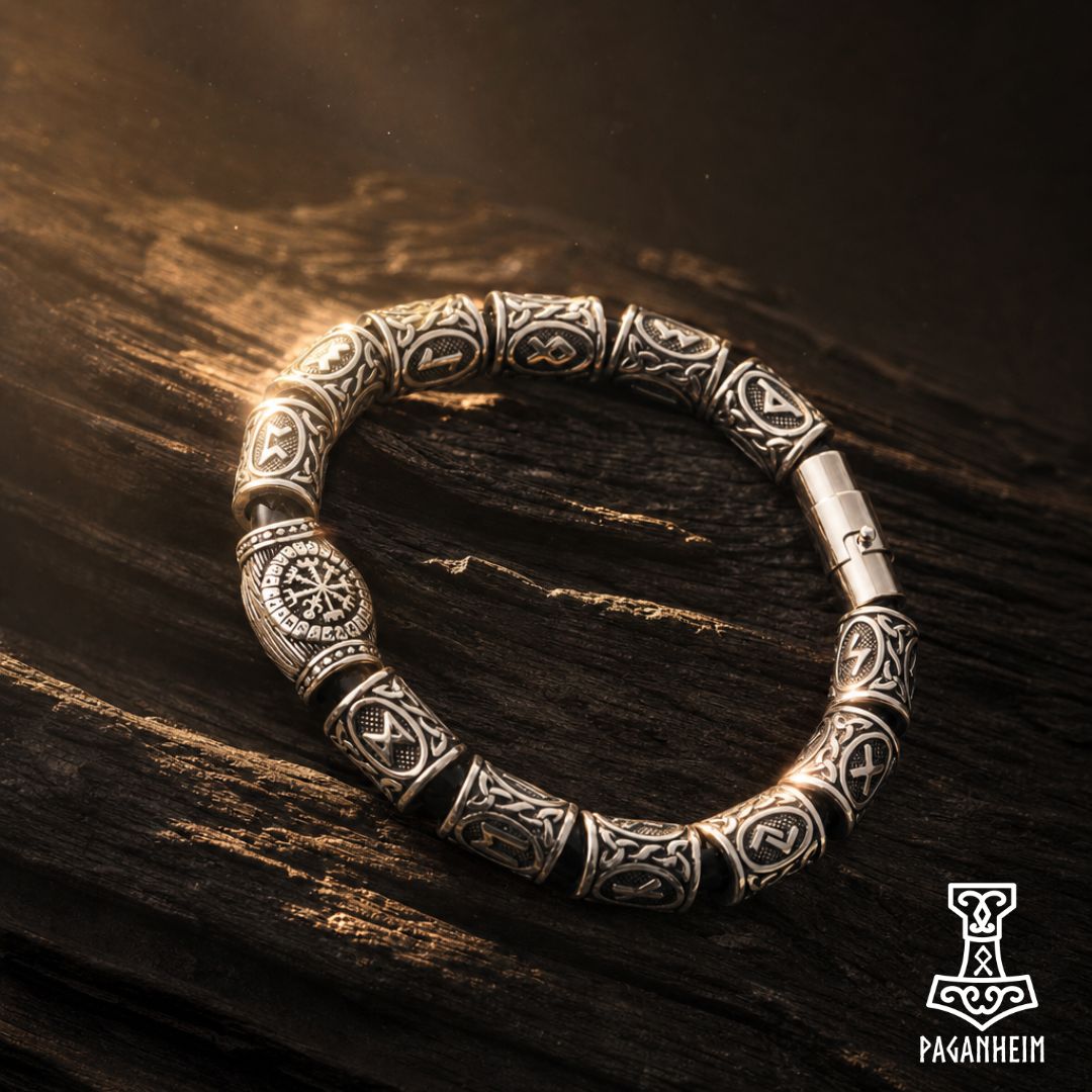 Rune bead bracelet resting on wooden surface