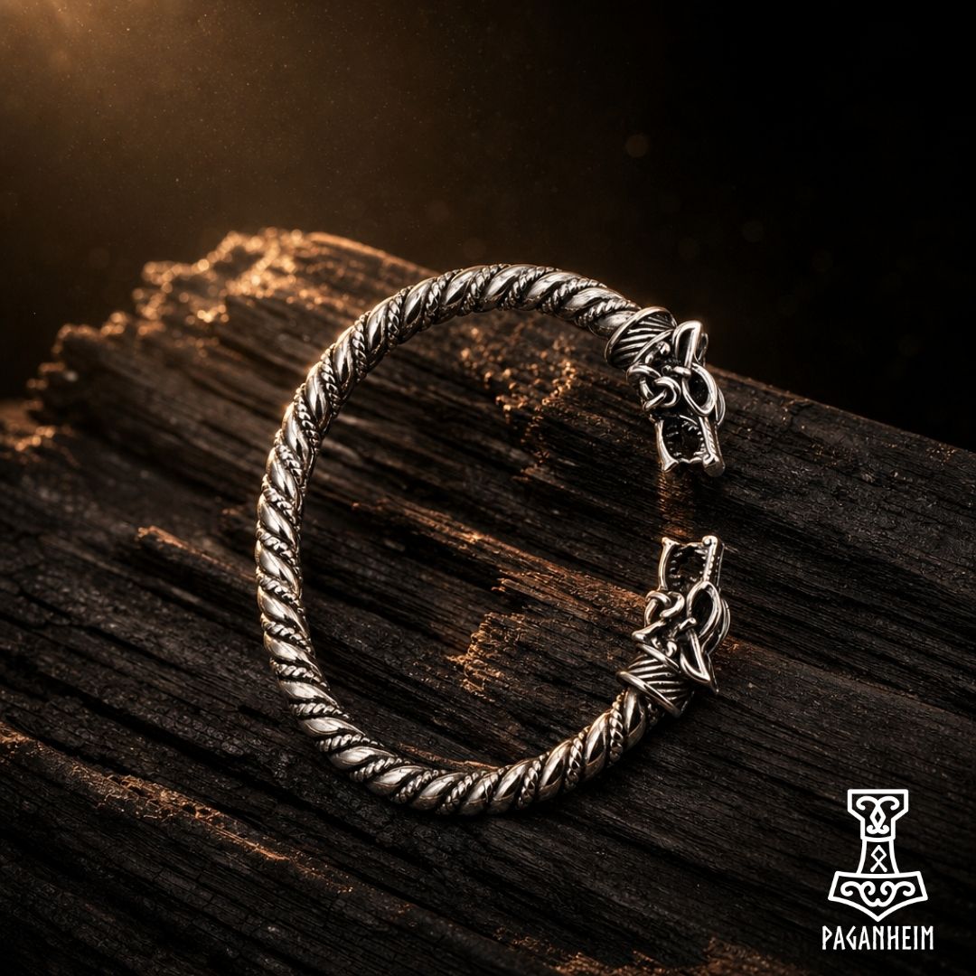A silver-toned Norse-style twisted rope cuff bracelet with a Thor's Hammer clasp, displayed on a dark textured wooden surface with dramatic warm lighting.