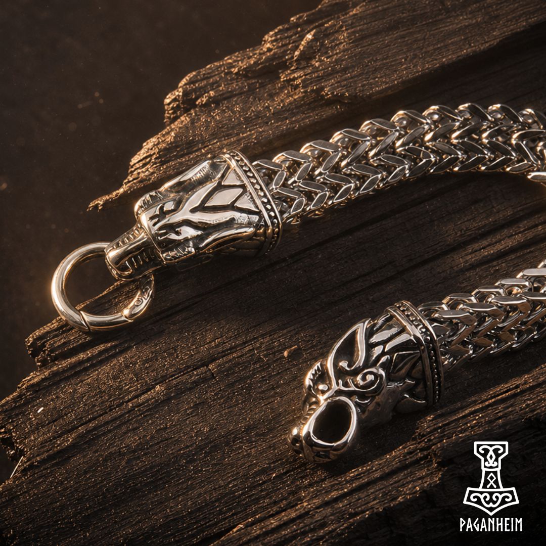 Closeup of Sköll & Hati bracelet showing detailed wolf heads and Cuban chain
