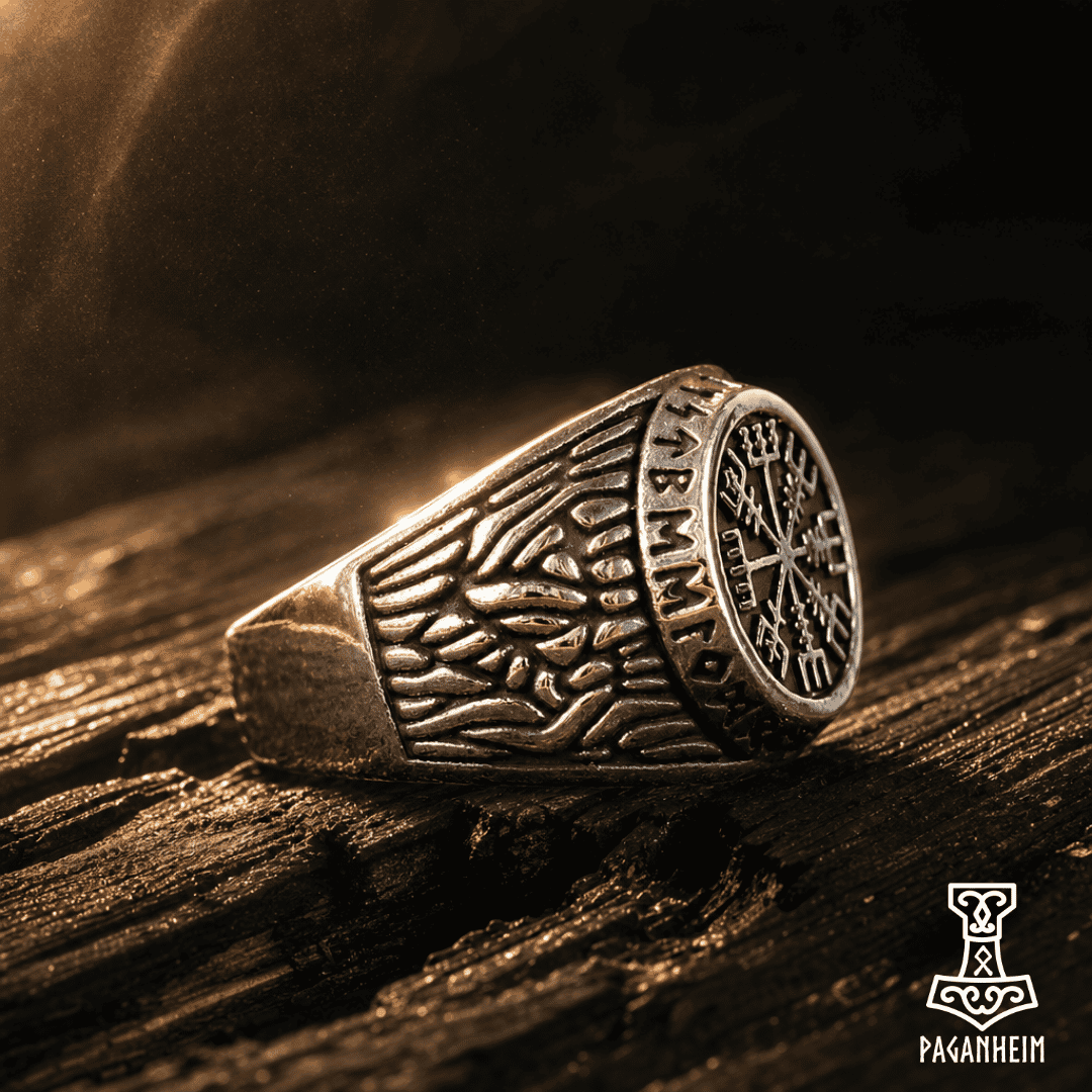 Stainless steel ring featuring Vegvísir Viking compass surrounded by runes